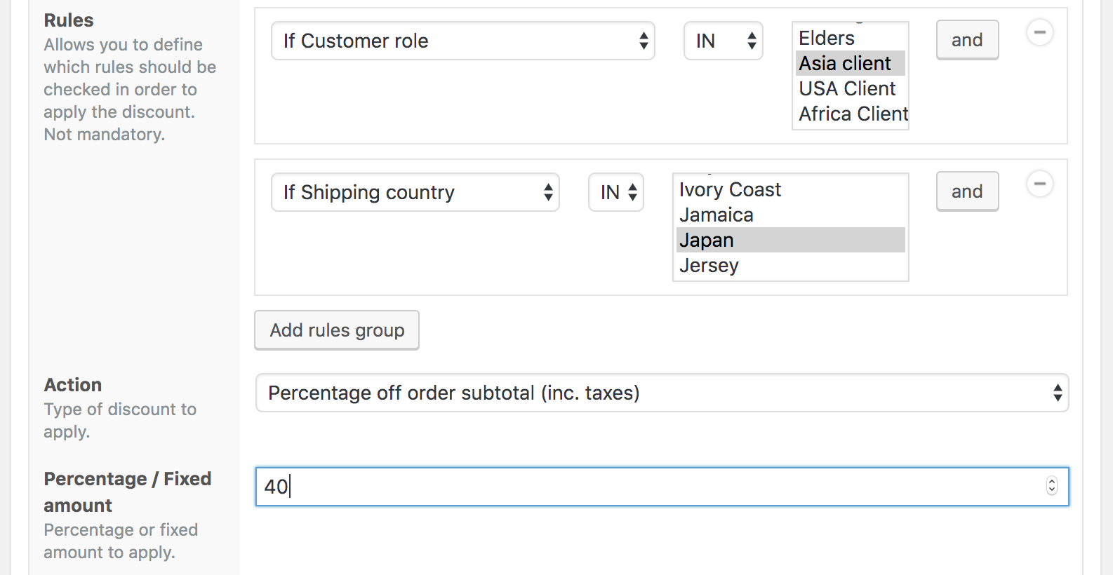 Asian client discount for Japan shipping country